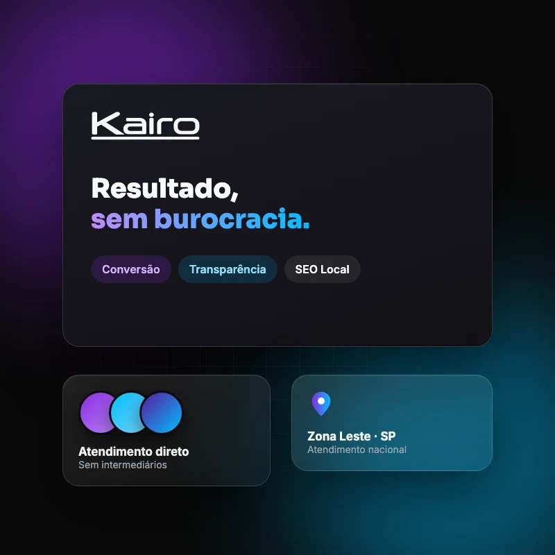 Ilustração com o logo da Kairo e os pilares conversão, transparência e SEO local